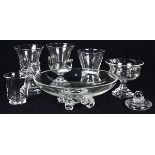 (Lot of 6) Steuben glass group, consisting of a lidded box, conical form vase, three double-