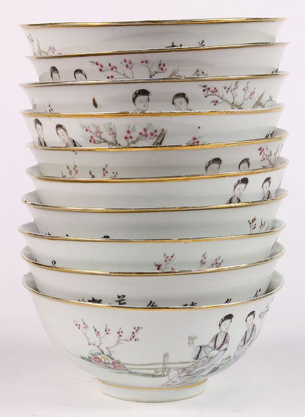 (lot of 10) Chinese enameled porcelain bowls, of two beauties seated in a garden, entitled, signed