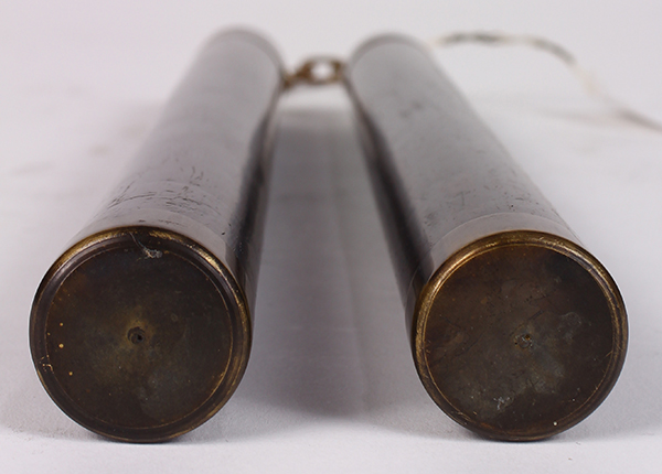 Chinese wooden nunchucks/baton, the two rods linked by a chain and screws together to form a - Image 2 of 4