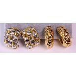 (Lot of 2) Pairs of 18k gold earrings including a pair of two tone, gold basket weave cushion shaped