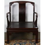 Chinese hardwood armchair, the narrow back splat carved with the character 'shou', the rectangular