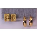 (Lot of 2) Diamond and gold earrings comprised of one pair of textured, curved rectangular 18k