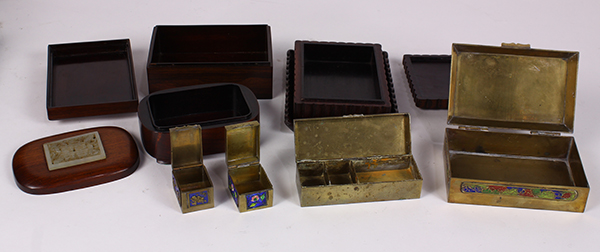 (lot of 9) Group of Chinese boxes, consisting of three wooden ones inset with hardstone plaques; one - Image 2 of 2