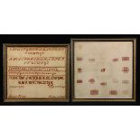 (lot of 2) Framed sampler group including an alphabet example dated 1860, the other dated 1861,