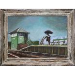 Man with Umbrella at Train Station, oil on canvas, unsigned, 20th century, overall (with frame):