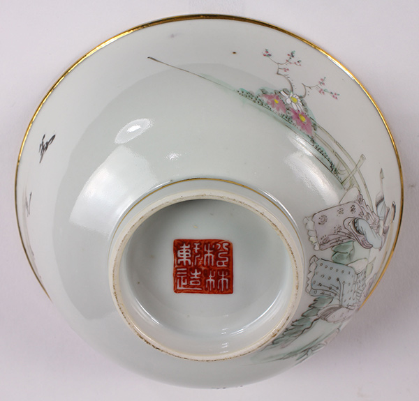 (lot of 10) Chinese enameled porcelain bowls, of two beauties seated in a garden, entitled, signed - Image 7 of 8