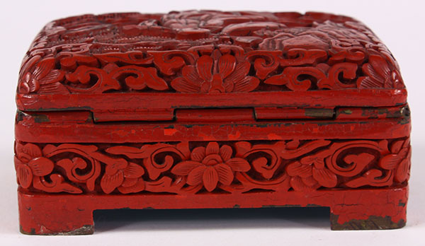 Chinese cinnabar lacquered metal box, the hinged lid with a monk in landscape, the side featuring - Image 3 of 7