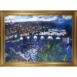 (lot of 2) Vlastislav Lachout (b. 1935), European Cities by Rivers, oils on canvas, signed,