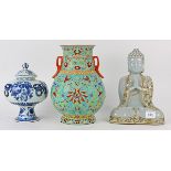 (lot of 7) Two shelves of Chinese porcelain: one enamel vessel with floral tendrils on a turquoise