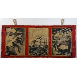 Triptych, Fishing Scenes, painted wood panel with three woodblock prints, overall (with wooden