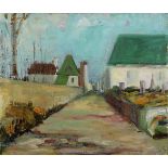 (lot of 2) Factory & Road Through a Village, oils on board and canvas, unsigned, 20th century,