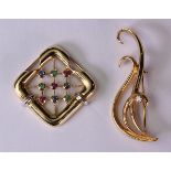 (Lot of 2) Multi-stone, diamond and 14k yellow gold brooches comprised of one diamond and 14k yellow