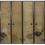 (lot of 4) Japanese narrow fusuma panels, 19th century, lotus flowers in gilt, color and ink on