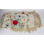 Edwardian Chinese silk floral embroidered piano shawl, having polychrome floral sprays with tendrils