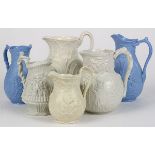 (Lot of 6) English salt glaze stoneware pitcher group, 19th Century, consisting of a pair of blue