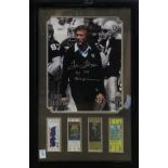 Framed Tom Flores autographed image, with World of Sports decal, above four Super Bowl Game tickets,