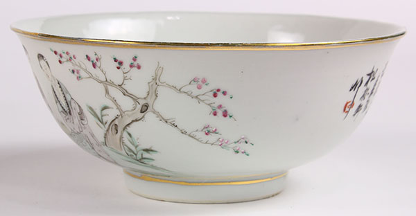 (lot of 10) Chinese enameled porcelain bowls, of two beauties seated in a garden, entitled, signed - Image 4 of 8