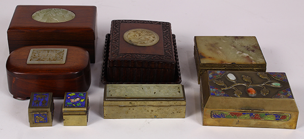 (lot of 9) Group of Chinese boxes, consisting of three wooden ones inset with hardstone plaques; one