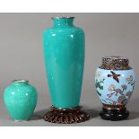 (lot of 3) Japanese cloisonne canister with sparrow, butterfly and flowers on a light blue ground,