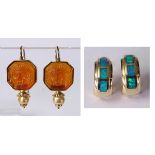 (Lot of 2) Opal, glass, cultured pearl and yellow gold earrings comprised of one pair of inlaid