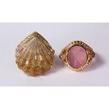 (Lot of 2) Fossilized coral, diamond sapphire, glass and 14k yellow gold rings including one ring,