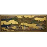 Japanese six-panel screen, 19th century, gilt, ink and color on paper, depicting a bridge, nobles