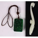 (lot of 2) Chinese jade/hardstone plaque and belt hook, consisting of a mottled dark green hue