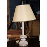 Continental carved candle holder mounted as a double socket table lamp , 31"l