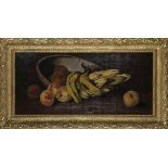 Still Life with Peaches and Bananas, oil on canvas, unsigned, 20th century, overall (with frame):