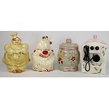 (Lot of 4) Ceramic figural biscuit jars, consisting of a McCoy clown, "Chef Pierre" Redwing, Waler