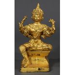 Thai gilt bronze Phra Phrom (four-faced Brahma), with eight arms each with an attribute, seated in