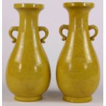 Pair of Chinese yellow glazed porcelain vases, with a dish rim and elephant form handles above a