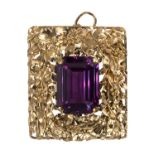synthetic sapphire and 18k yellow gold pendant centering one emerald-cut synthetic sapphire,