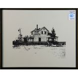 Countryside House, print, plate signed "Larsen" lower left, overall (with frame): 12"h x 14.5"w