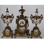 (lot of 3) French Neo-Classical style gilt clock and garniture set, each set with porcelain