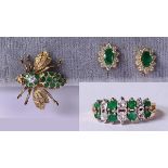 (Lot of 3) Emerald, diamond and 14k yellow gold jewelry comprised of one emerald, diamond, 14k