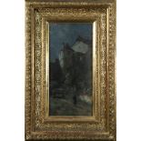 Dusk Street Scene with Figure, oil on board, unsigned, 20th century, overall (with frame): 17.5"h