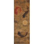 (lot of 3) Japanese scrolls, two ink and color on silk, one on paper: the first depicting probably