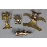 (lot of 4) International style tumbaga gold fish, crayfish, eagle, and human pendants of Meso-