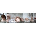 (lot of 7) German bisque socket head dolls, each with hand-painted faces, largest: 7"l