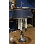 Louis XVI style bouillotte lamp, having a tole shade, above the adjustable standard with three