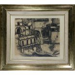 Coastal Village, charcoal on paper, initialed "WR" lower right, 20th century, overall (with