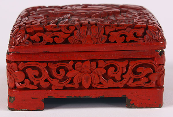 Chinese cinnabar lacquered metal box, the hinged lid with a monk in landscape, the side featuring - Image 2 of 7