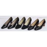 (lot of 3) Two pairs of Italian Ferragamo black leather and satin dress shoes; together with a