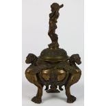 Victorian figural bronze urn, the finial as a lute-playing putto, about the round bulbous form,