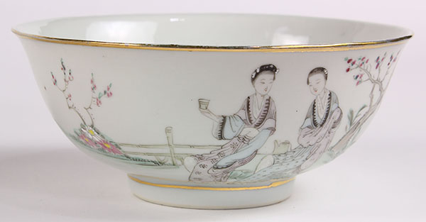 (lot of 10) Chinese enameled porcelain bowls, of two beauties seated in a garden, entitled, signed - Image 3 of 8