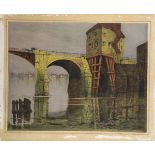 Old European Waterway, 1890, etching in colors, pencil signed indistinctly lower right, dated