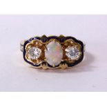 Opal, diamond and 14k yellow gold ring centering (1) oval opal cabochon, measuring approximately 6.9