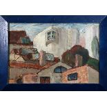 Buildings, oil on canvas, unsigned, 20th century, overall (with frame): 15"h x 20.5"w