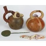 (lot of 4) Two Pre-Columbian vessels, including a stirrup vessel, together with additional jewlery